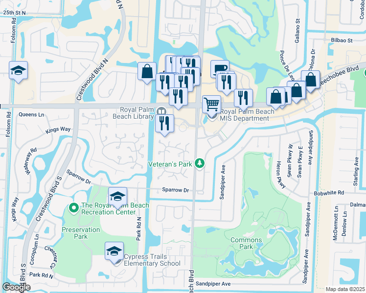 map of restaurants, bars, coffee shops, grocery stores, and more near 192 Mastic Tree Court in Royal Palm Beach