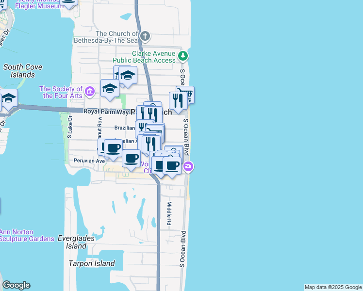 map of restaurants, bars, coffee shops, grocery stores, and more near 350 South Ocean Boulevard in Palm Beach