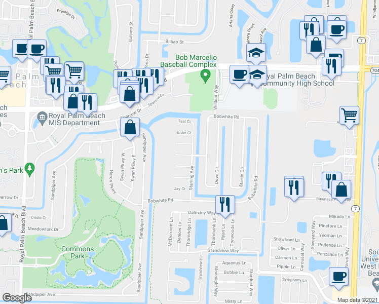 map of restaurants, bars, coffee shops, grocery stores, and more near 141 Raven Ct in Royal Palm Beach
