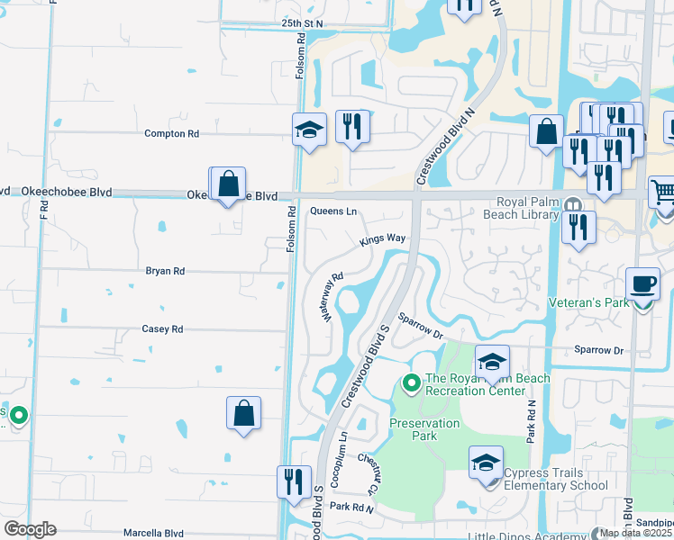 map of restaurants, bars, coffee shops, grocery stores, and more near 116 Waterway Road in Royal Palm Beach
