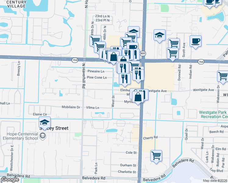 map of restaurants, bars, coffee shops, grocery stores, and more near 4723 Myla Lane in West Palm Beach