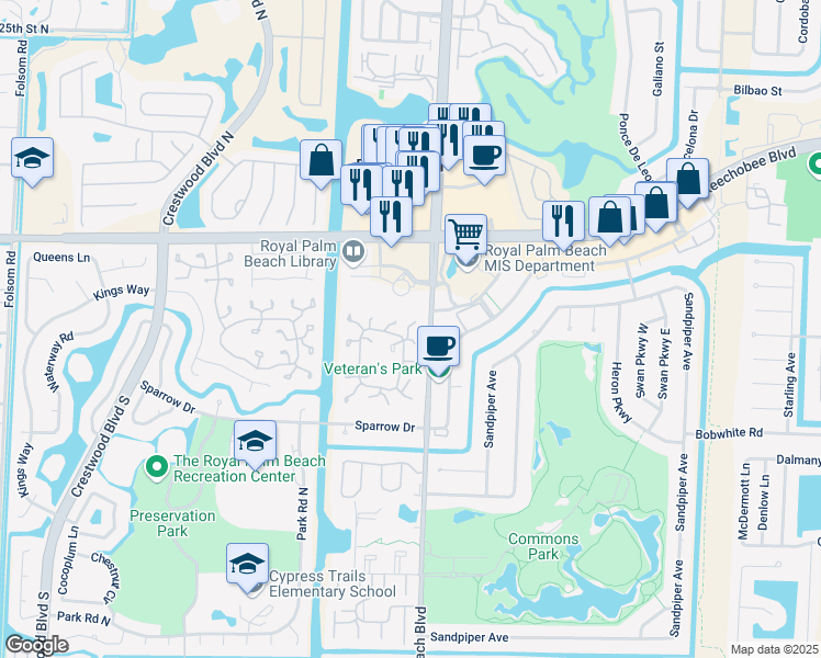 map of restaurants, bars, coffee shops, grocery stores, and more near 192 Mastic Tree Court in Royal Palm Beach