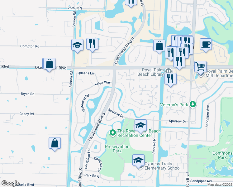 map of restaurants, bars, coffee shops, grocery stores, and more near 116 Cambridge Lane in Royal Palm Beach