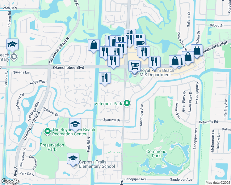 map of restaurants, bars, coffee shops, grocery stores, and more near 192 Mastic Tree Court in Royal Palm Beach