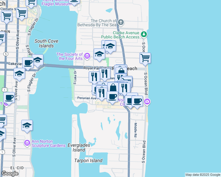map of restaurants, bars, coffee shops, grocery stores, and more near 359 Hibiscus Avenue in Palm Beach