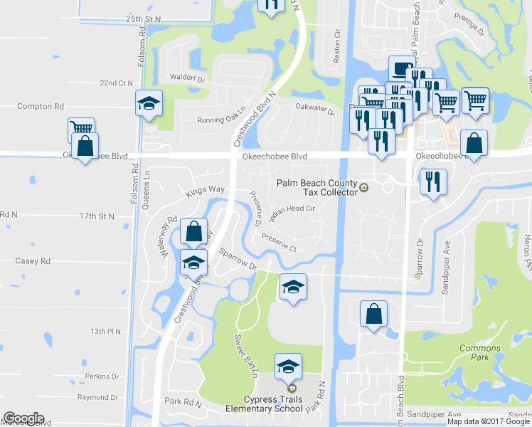 map of restaurants, bars, coffee shops, grocery stores, and more near 127 Preserve Drive in Royal Palm Beach