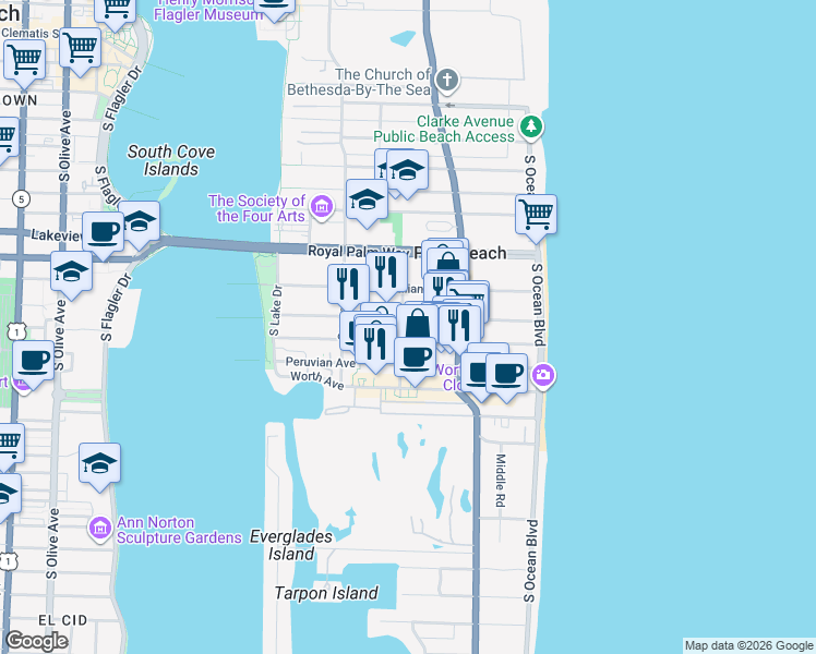 map of restaurants, bars, coffee shops, grocery stores, and more near 359 Hibiscus Avenue in Palm Beach