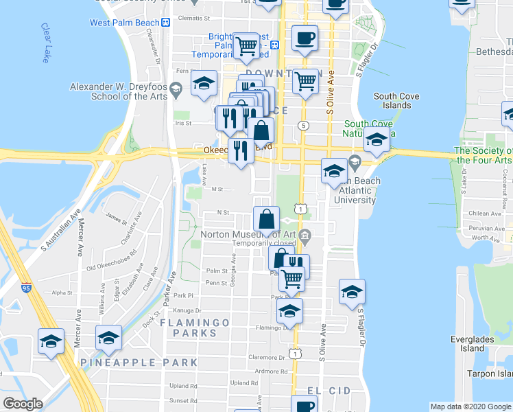 map of restaurants, bars, coffee shops, grocery stores, and more near 1114 Florida Ave in West Palm Beach