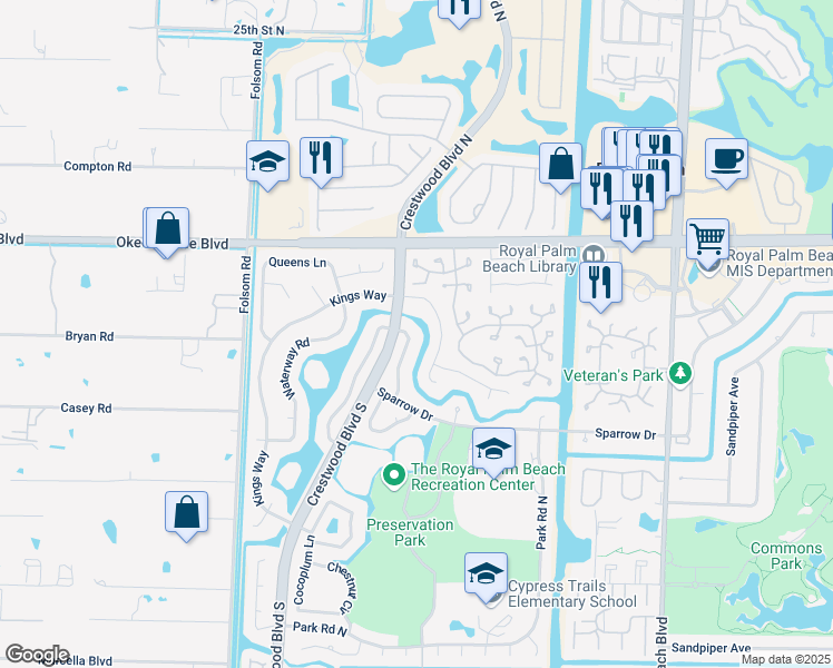 map of restaurants, bars, coffee shops, grocery stores, and more near 116 Cambridge Lane in Royal Palm Beach
