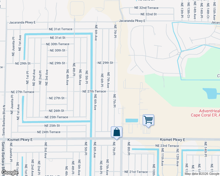 map of restaurants, bars, coffee shops, grocery stores, and more near 2723 Northeast 7th Avenue in Cape Coral