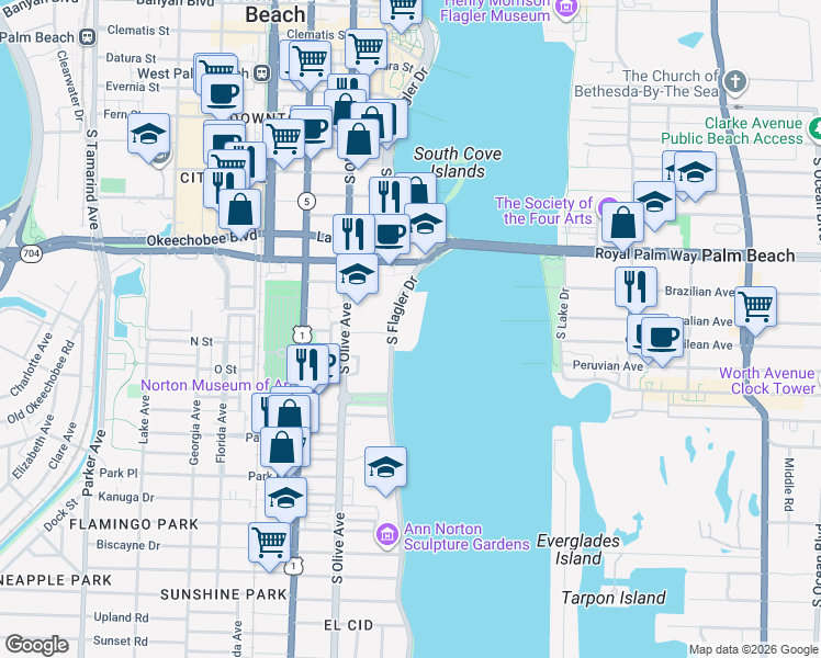 map of restaurants, bars, coffee shops, grocery stores, and more near 1200 South Flagler Drive in West Palm Beach