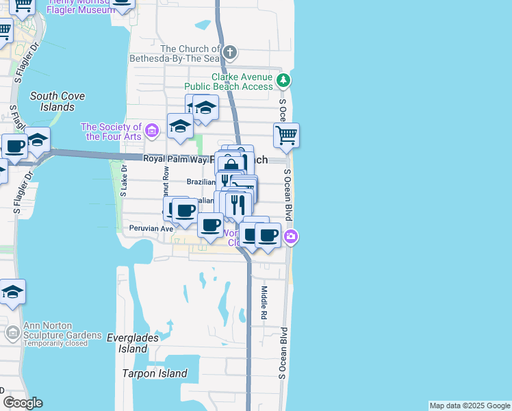 map of restaurants, bars, coffee shops, grocery stores, and more near 148 Australian Avenue in Palm Beach
