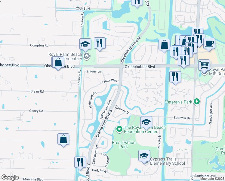 map of restaurants, bars, coffee shops, grocery stores, and more near 106 Van Gogh Way in Royal Palm Beach