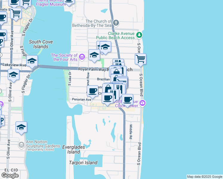 map of restaurants, bars, coffee shops, grocery stores, and more near 350 South County Road in Palm Beach
