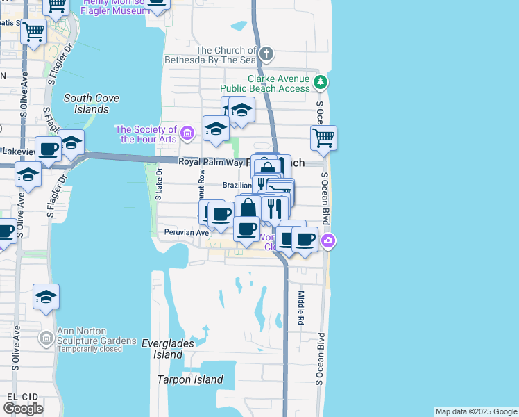 map of restaurants, bars, coffee shops, grocery stores, and more near 350 South County Road in Palm Beach