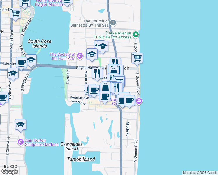 map of restaurants, bars, coffee shops, grocery stores, and more near 350 South County Road in Palm Beach