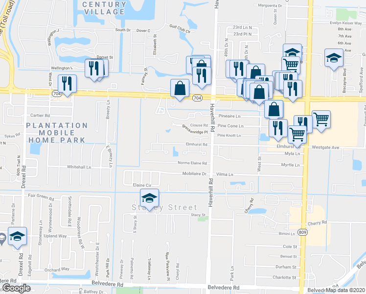 map of restaurants, bars, coffee shops, grocery stores, and more near 5170 Elmhurst Road in West Palm Beach