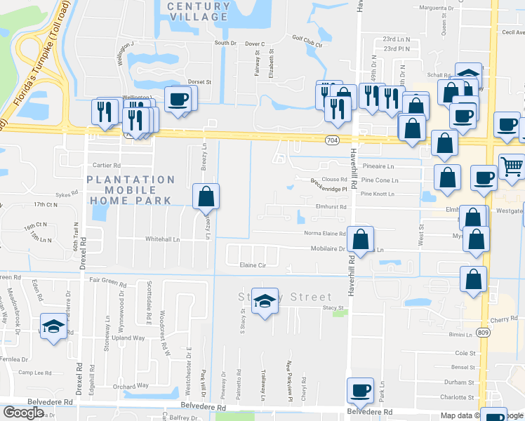 map of restaurants, bars, coffee shops, grocery stores, and more near 5340 Elmhurst Road in West Palm Beach