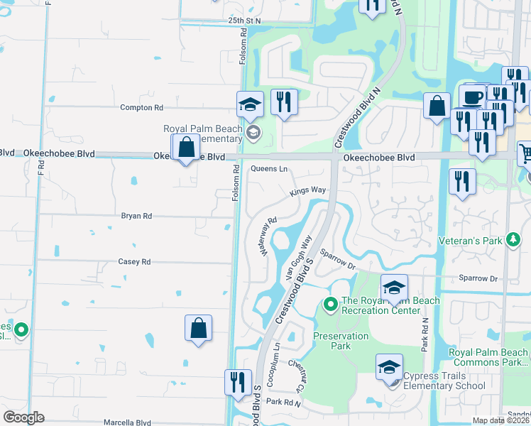 map of restaurants, bars, coffee shops, grocery stores, and more near 129 Kings Way in Royal Palm Beach