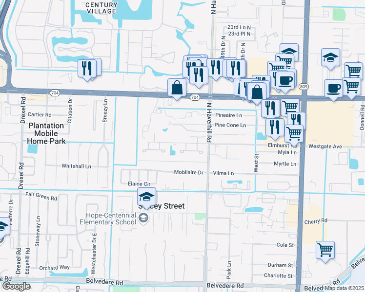 map of restaurants, bars, coffee shops, grocery stores, and more near 5150 Elmhurst Road in West Palm Beach
