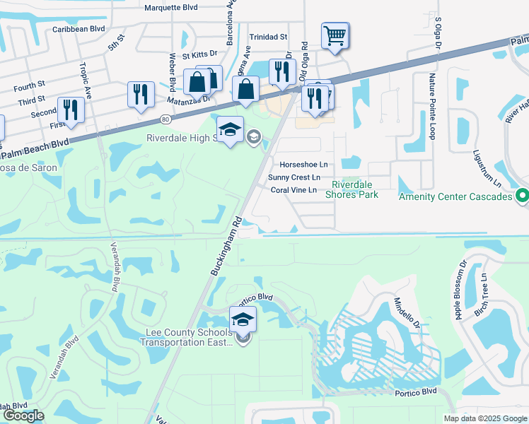 map of restaurants, bars, coffee shops, grocery stores, and more near 15492 Spring Line Lane in Fort Myers
