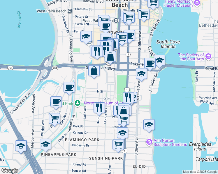 map of restaurants, bars, coffee shops, grocery stores, and more near 1114 Florida Avenue in West Palm Beach