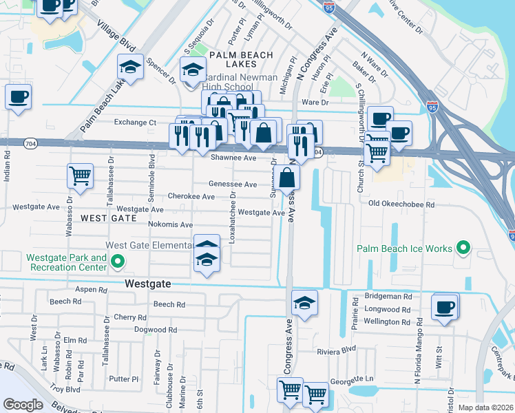 map of restaurants, bars, coffee shops, grocery stores, and more near 2440 Westgate Avenue in West Palm Beach