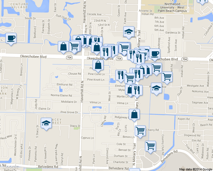 map of restaurants, bars, coffee shops, grocery stores, and more near 4787 Elmhurst Road in West Palm Beach
