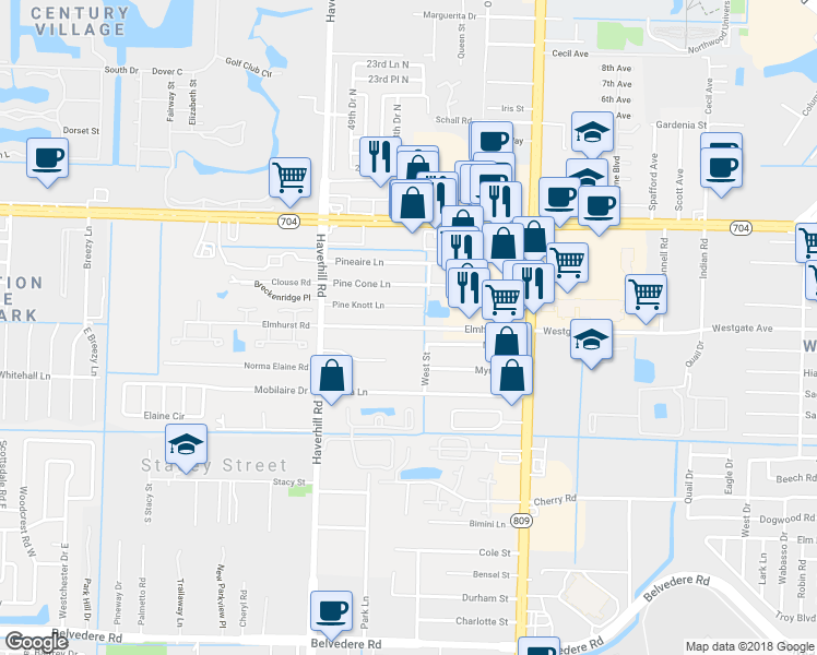 map of restaurants, bars, coffee shops, grocery stores, and more near 4787 Elmhurst Road in West Palm Beach