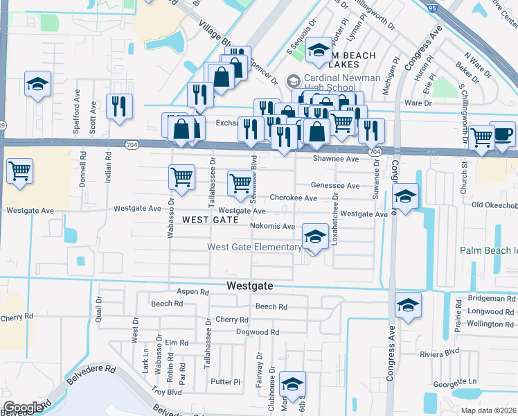 map of restaurants, bars, coffee shops, grocery stores, and more near 2637 Westgate Avenue in West Palm Beach