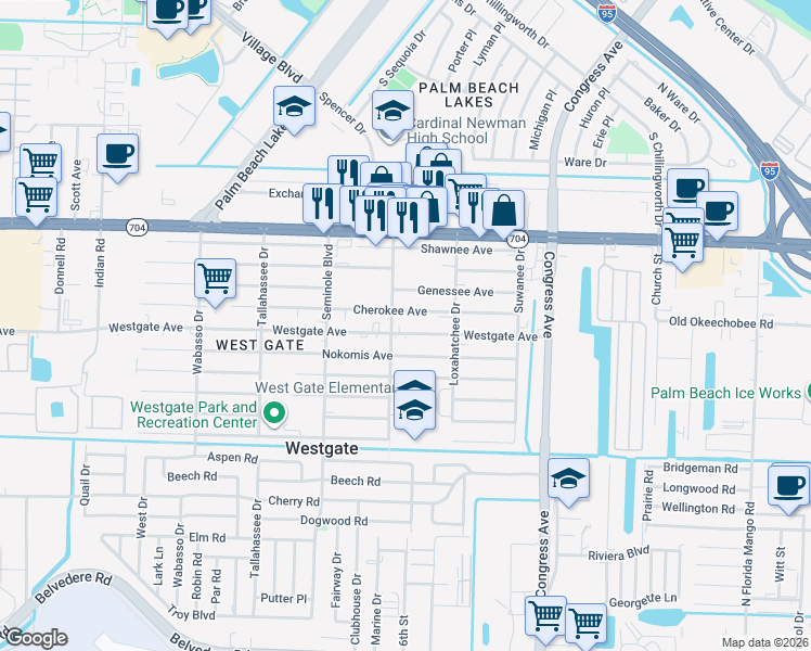 map of restaurants, bars, coffee shops, grocery stores, and more near 2557 Westgate Avenue in West Palm Beach