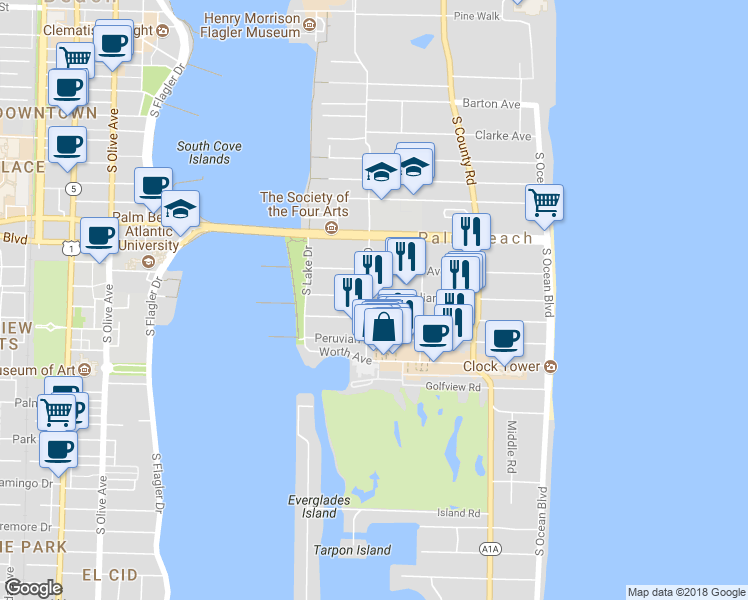 map of restaurants, bars, coffee shops, grocery stores, and more near 363 Cocoanut Row in Palm Beach