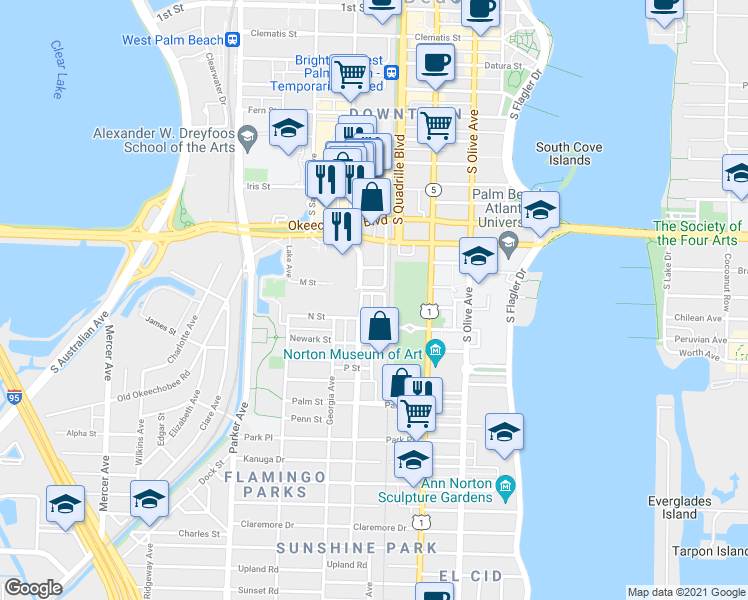 map of restaurants, bars, coffee shops, grocery stores, and more near 1114 Florida Avenue in West Palm Beach