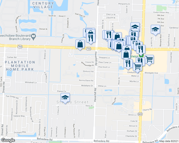 map of restaurants, bars, coffee shops, grocery stores, and more near 5100 Elmhurst Road in West Palm Beach