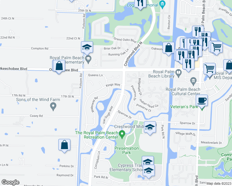 map of restaurants, bars, coffee shops, grocery stores, and more near 104 Van Gogh Way in Royal Palm Beach