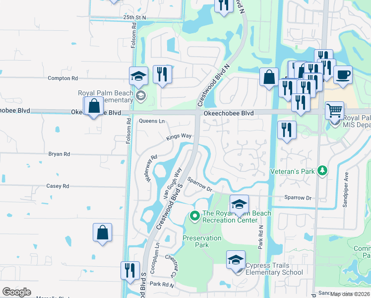 map of restaurants, bars, coffee shops, grocery stores, and more near 106 Van Gogh Way in Royal Palm Beach