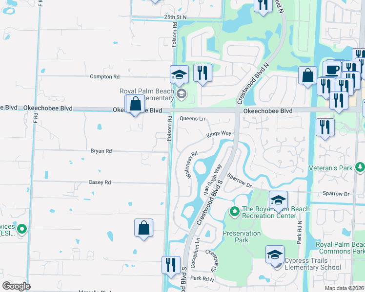map of restaurants, bars, coffee shops, grocery stores, and more near 129 Kings Way in Royal Palm Beach
