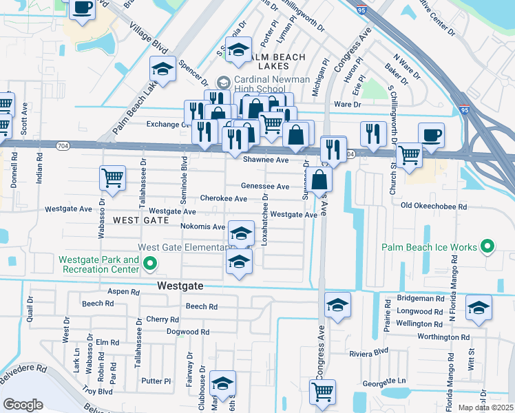 map of restaurants, bars, coffee shops, grocery stores, and more near 2544 Westgate Avenue in West Palm Beach