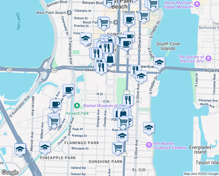 map of restaurants, bars, coffee shops, grocery stores, and more near 1114 Florida Avenue in West Palm Beach