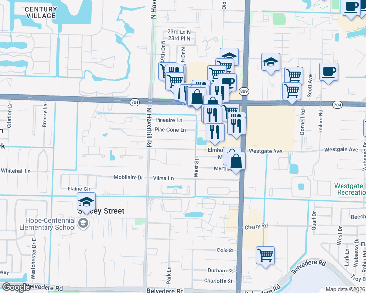 map of restaurants, bars, coffee shops, grocery stores, and more near 4808 Elmhurst Road in West Palm Beach