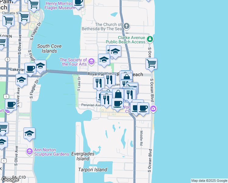map of restaurants, bars, coffee shops, grocery stores, and more near 359 Hibiscus Avenue in Palm Beach