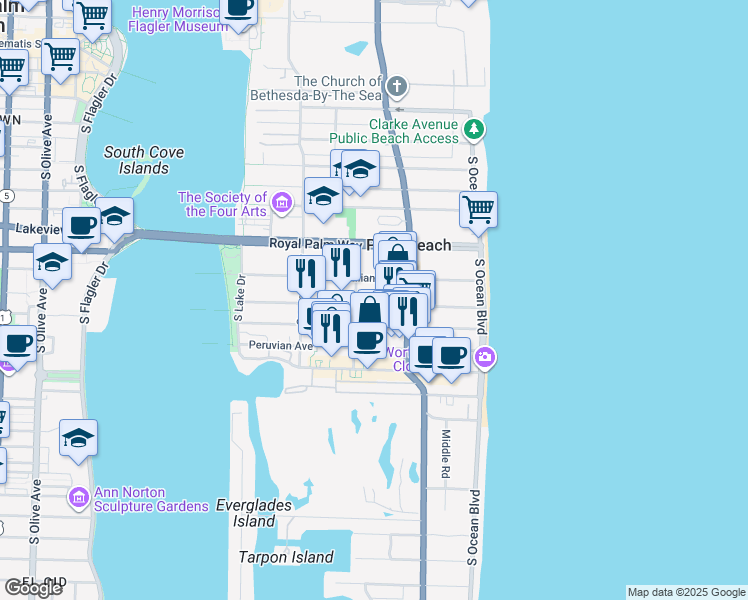 map of restaurants, bars, coffee shops, grocery stores, and more near 227 Australian Avenue in Palm Beach