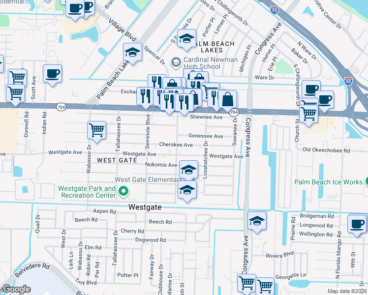 map of restaurants, bars, coffee shops, grocery stores, and more near 2557 Westgate Avenue in West Palm Beach