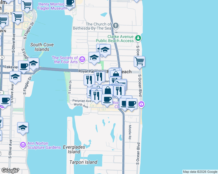 map of restaurants, bars, coffee shops, grocery stores, and more near 359 Hibiscus Avenue in Palm Beach