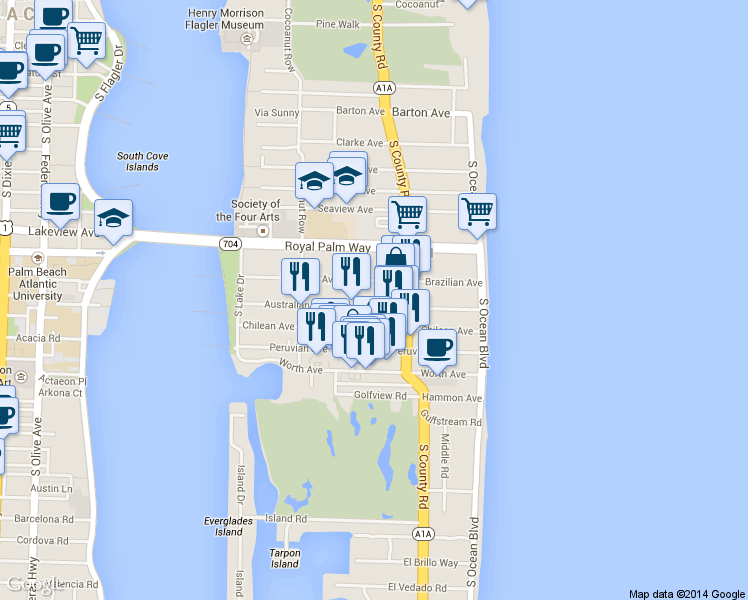 map of restaurants, bars, coffee shops, grocery stores, and more near 359 Hibiscus Avenue in Palm Beach