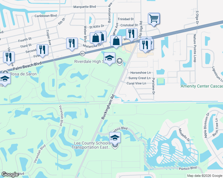 map of restaurants, bars, coffee shops, grocery stores, and more near 15497 Spring Line Lane in Fort Myers