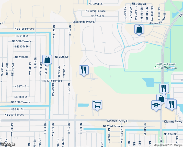 map of restaurants, bars, coffee shops, grocery stores, and more near 909 NE 27th Ln in Cape Coral