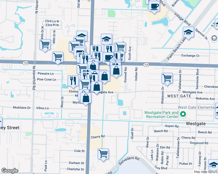 map of restaurants, bars, coffee shops, grocery stores, and more near 4260-4268 Westgate Avenue in West Palm Beach