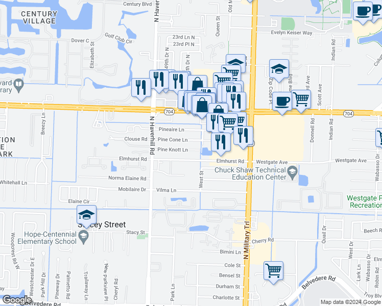 map of restaurants, bars, coffee shops, grocery stores, and more near 4806 Pine Knott Lane in West Palm Beach