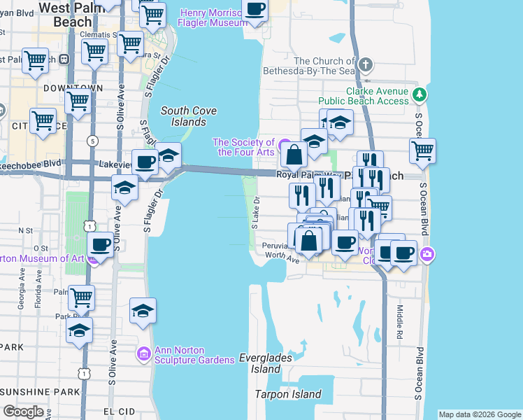 map of restaurants, bars, coffee shops, grocery stores, and more near 455 Australian Avenue in Palm Beach